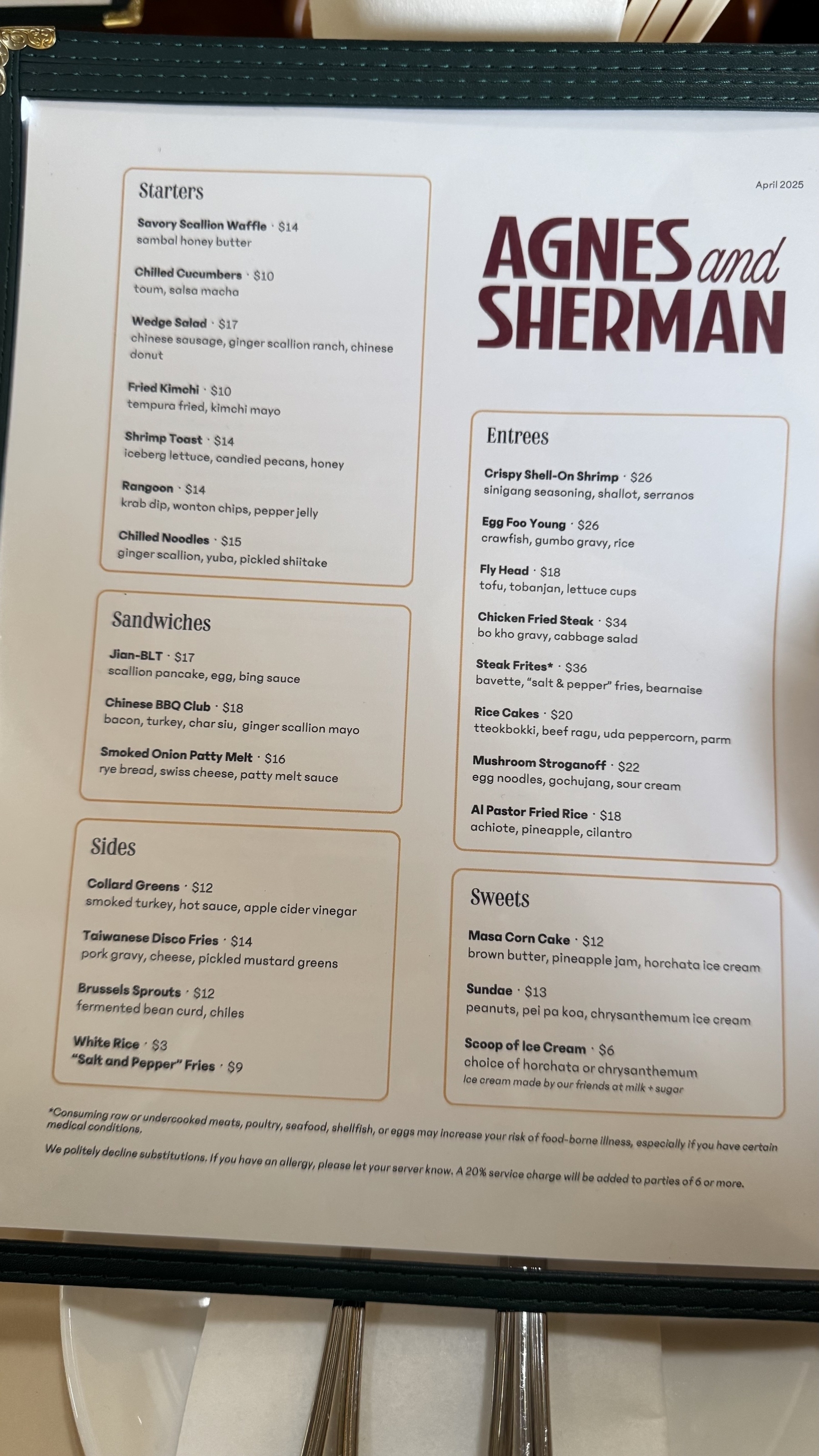 Menu of the restaurant 