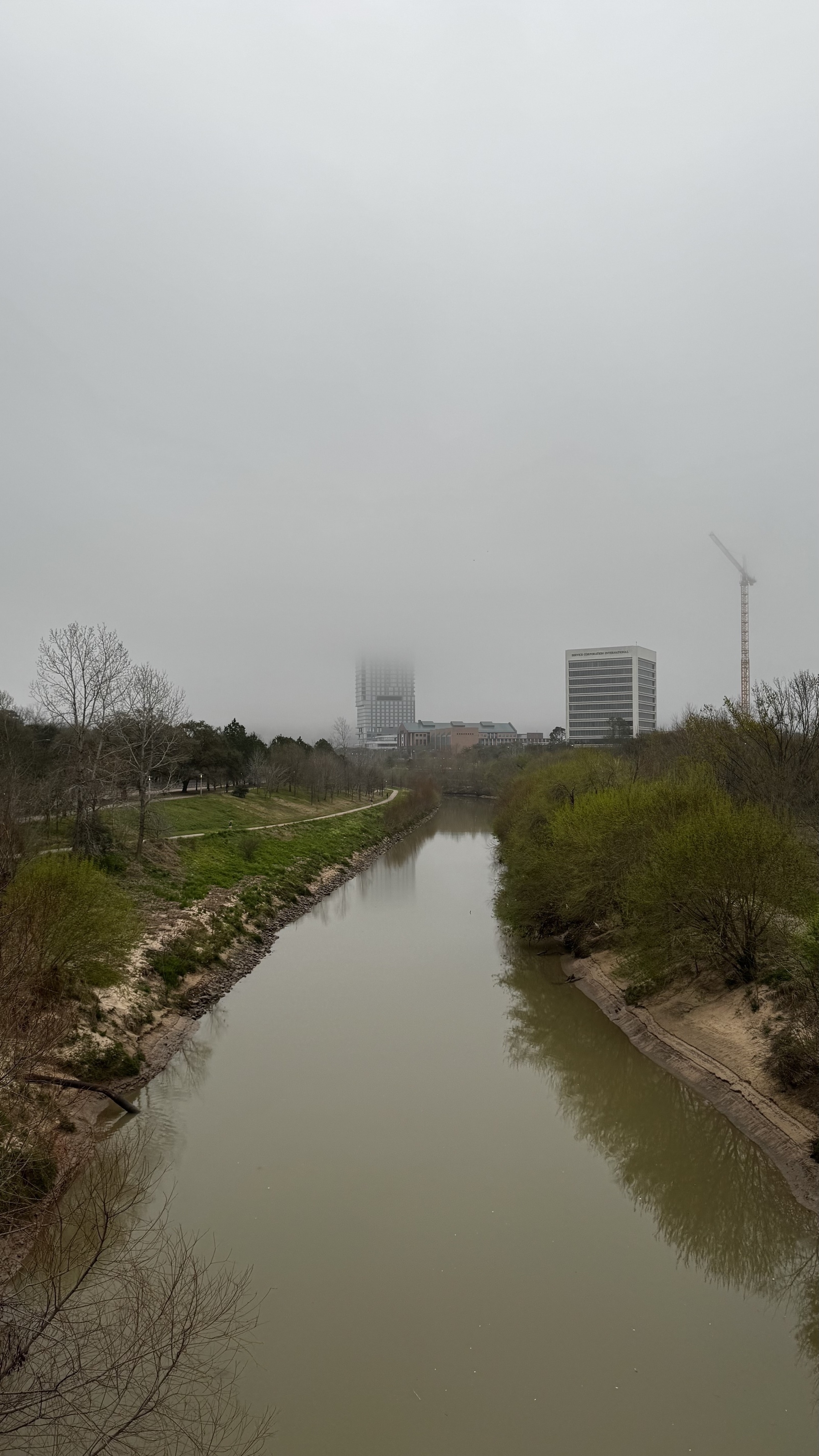 Foggy morning covering the Houston skyline 